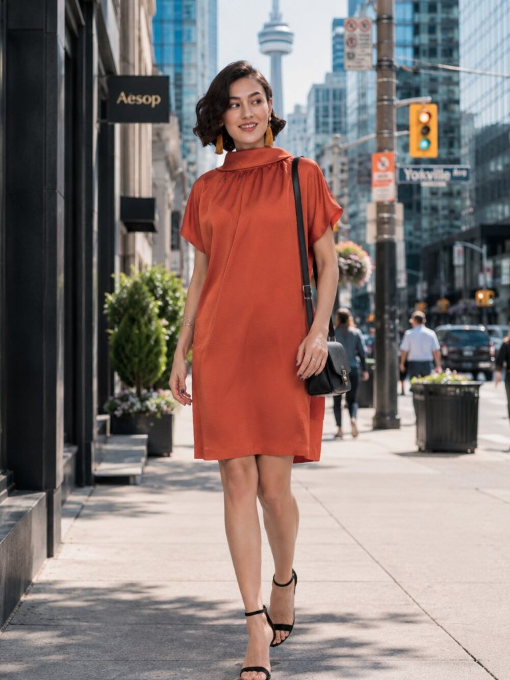 Lined Shift Dress with Back Drop-Collar and Tie, Pumpkin color